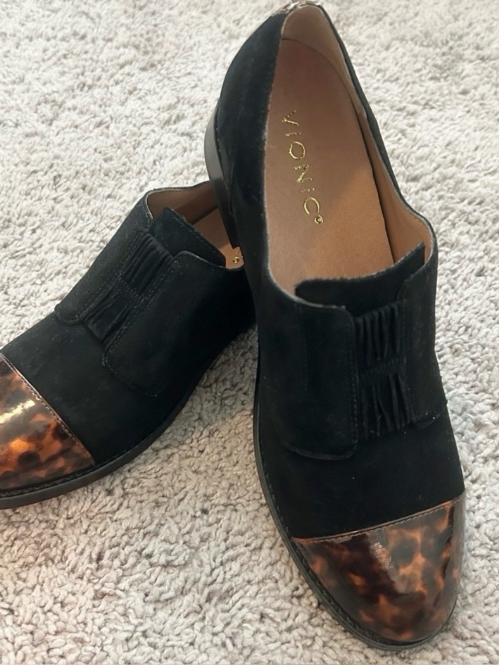 Vionic Black Suede Loafers with Tortoiseshell Cap Toe